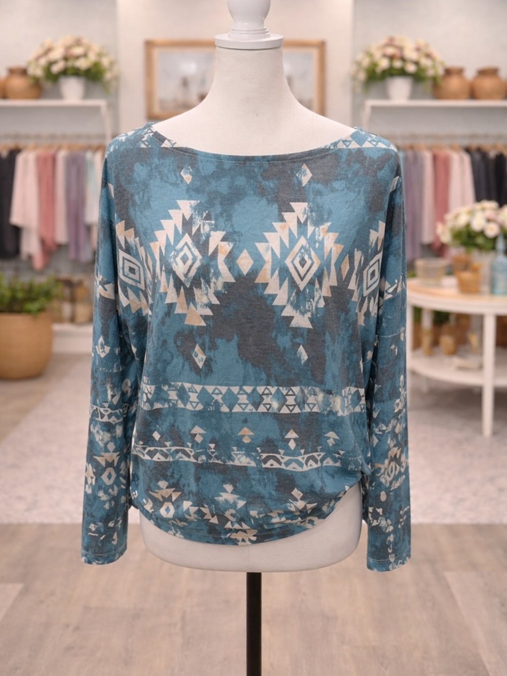 White Birch Medium Aztec Print Top Long Sleeve Teal Boho Lightweight NWOT